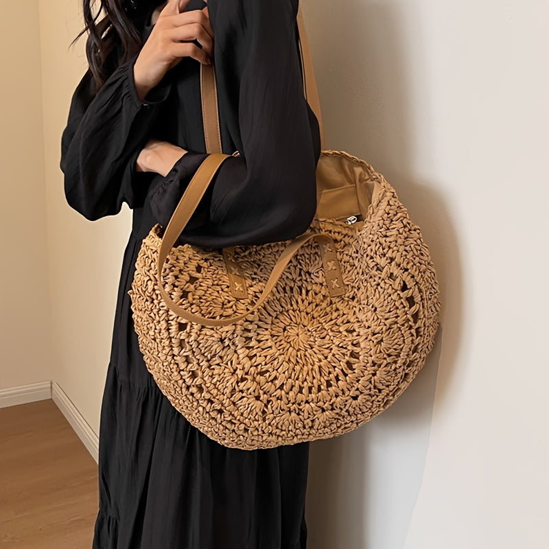 Lola | Borsa Tonda in Paglia Intrecciata con Motivo — Cognac