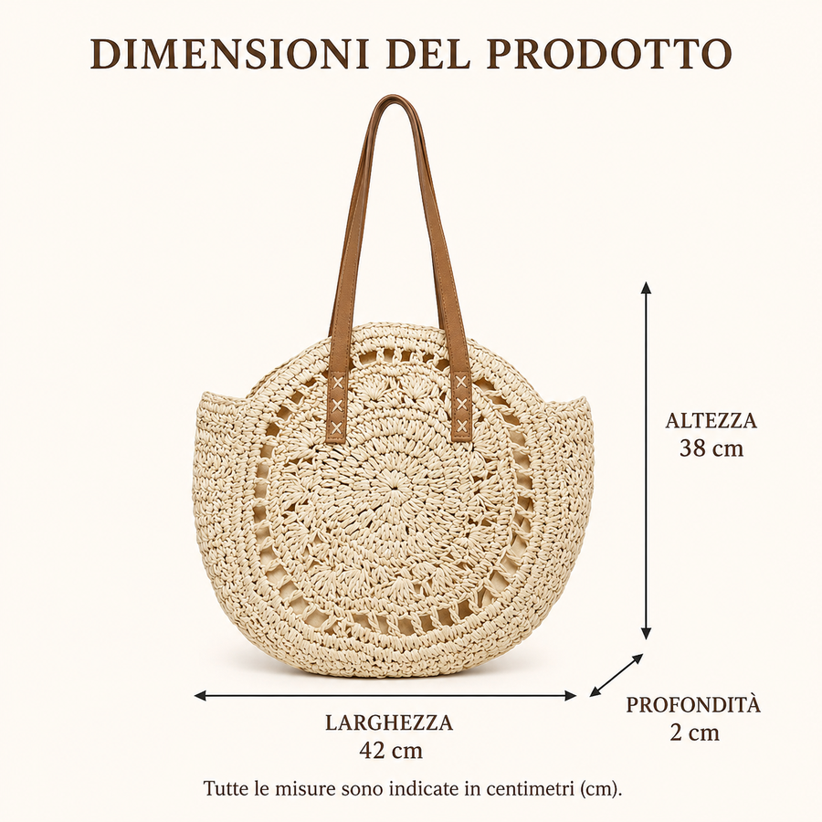 Lola | Borsa Tonda in Paglia Intrecciata con Motivo — Cognac