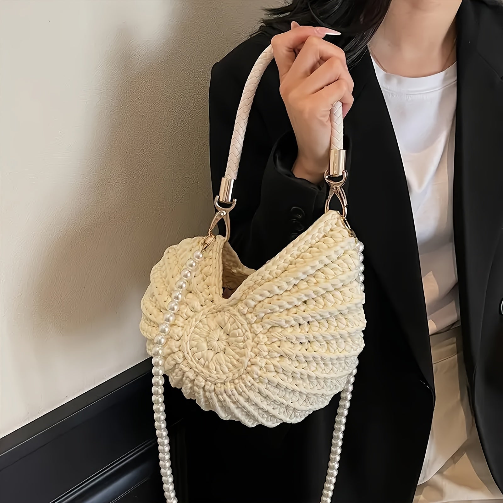 Tamara | Borsa Tote Intrecciata con Cinghia a Catena - Bianco Panna