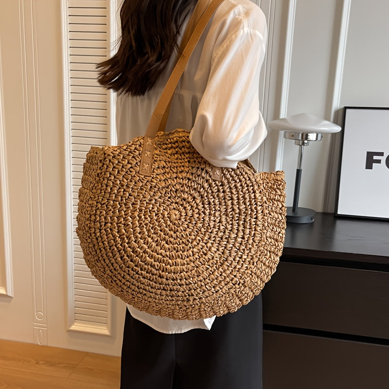Linda | Borsa Tonda in Paglia Intrecciata - Nocciola